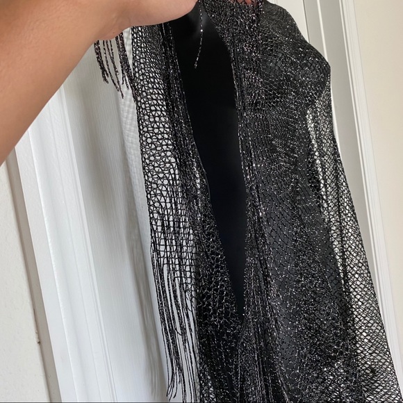 Black Open Weave Lurex Poncho - Picture 3 of 6